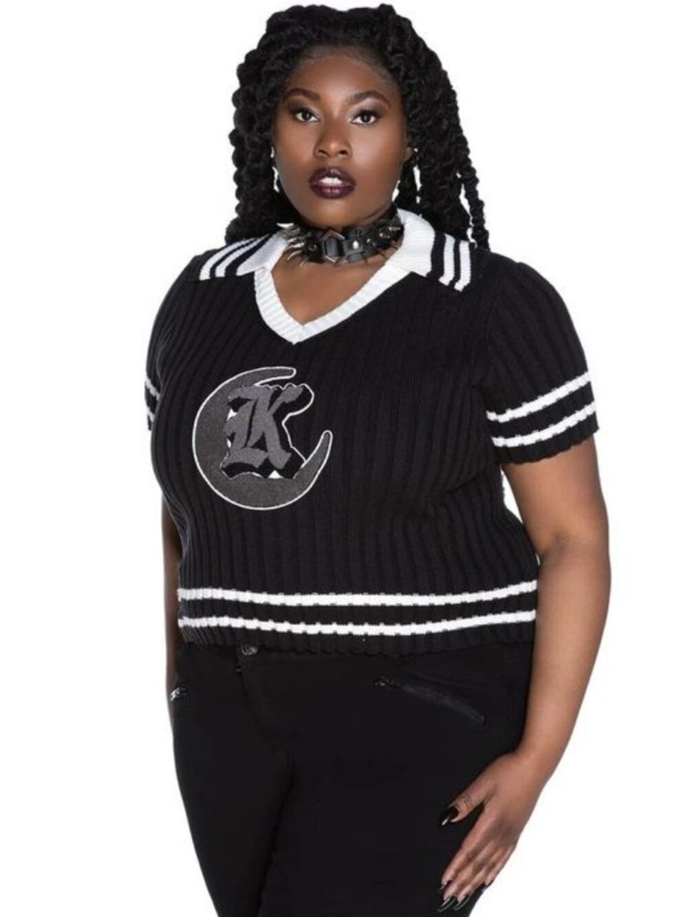 Killstar Gloomsday B&W Varsity Style Ribbed Knit Collared V-Neck Crop Top 4X 3X
